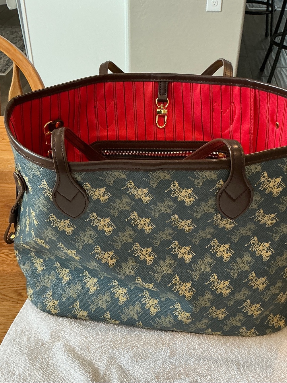 Blue Patterned Tote with Red Interior and Brown Trim